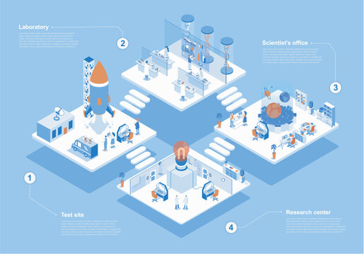 Science center concept 3d isometric web scene with infographic. People making researches and tests, scientists staff working in office and laboratory. Vector illustration in isometry graphic design