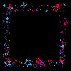 Colored bright elements in the form of stars, frame design. Colored stars, colored confetti in the form of stars on a black background, design element.