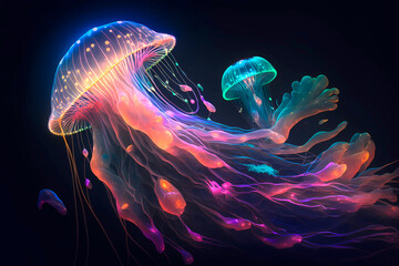 Fluorescent jellyfish. AI generation - obrazy, fototapety, plakaty