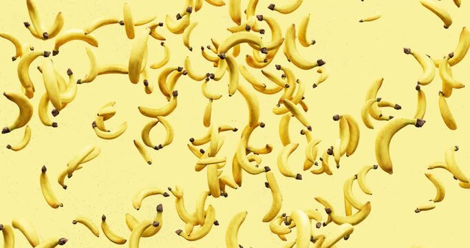 Seamless 3D animation of bananas falling on yellow background. Fun and surreal fruit concept, perfect for pop art, advertising, or motion graphics.