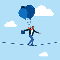 Businessman acrobat walk on the rope with balloons to reduce risk. Risk management control. Modern vector illustration in flat style