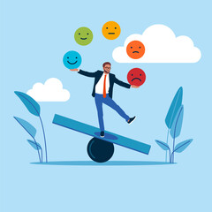 Businessman balances emotions. Emotional intelligence. Balance anxiety and happiness. Modern vector illustration in flat style