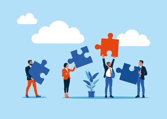 Business people holding jigsaw puzzle elements. cooperation. Teamwork and unity.  Modern vector illustration in flat style