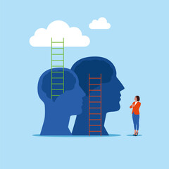 Head and ladder, next level improvement. Pursuit of happiness, self esteem and confidence. Modern vector illustration in flat style - obrazy, fototapety, plakaty