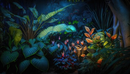 Fototapeta na wymiar a painting of tropical plants and plants in a dark room with light coming from the ceiling and a fish swimming in the water below the plants. generative ai