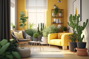 Green lush Indoor plants in the yellow gray living room. Potted plants decoration. Home garden. Urban jungle. Generative AI