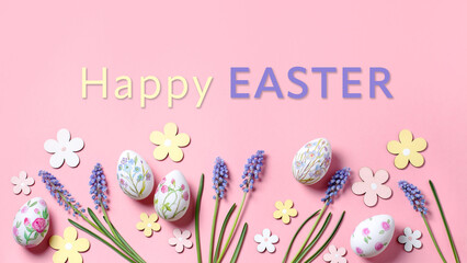 Easter card with flower design eggs, hyacinths and Happy Easter quote