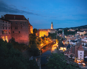 Panoramic night view over the old Town of Cesky Krumlov, Czech Republic