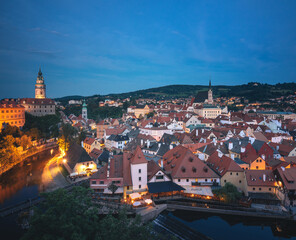 Obraz premium Panoramic night view over the old Town of Cesky Krumlov, Czech Republic