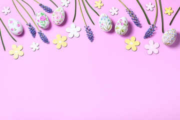 Easter card with flower design eggs, hyacinths, flower decor on pastel pink background