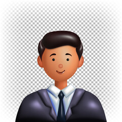 Vector 3d character. A man in a dark business suit with short black hair. Avatar, icon, sticker, portrait.
