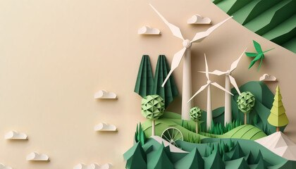 Green renewable energy poster with wind turbines and paper art natural landscapes, Reduced CO2 emission by year 2050, generative ai