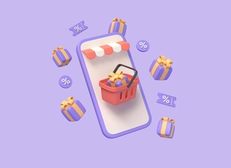 3d mobile phone, shopping cart and gift boxes float in the air. the concept of getting a discount on a purchase in an online store.3d rendering