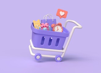 3d shopping cart with alarm clock, coupon with percent sign, bag and gift box.the concept of getting a discount on purchases in an online store. illustration isolated on purple background.3d rendering