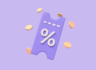 3d coupons with percent sign and golden coins. the concept of getting a discount on purchases in the online store. special offer digital marketing. 3d rendering