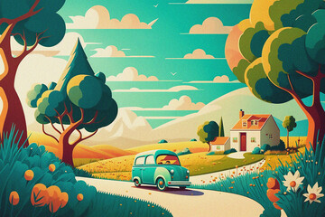 A painting of a landscape with a house and trees, poster art, digital illustration, color field, 2d game art, wallpaper, story book illustration landscape background generated ai