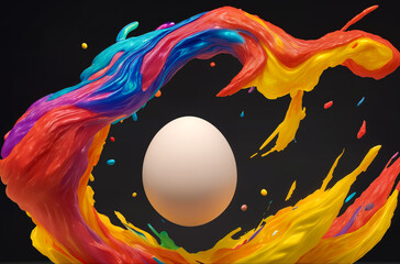Easter egg in flying splatters of multi-colored paints on a black background. Generative AI.