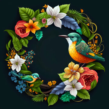 Creative layout, circle frame with bright bird, gorgeous tropical leaves and flowers on dark background. Generative AI. Flat lay design. Nature concept.