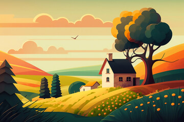 A painting of a landscape with a house and trees, poster art, digital illustration, color field, 2d game art, wallpaper, story book illustration landscape background generated ai