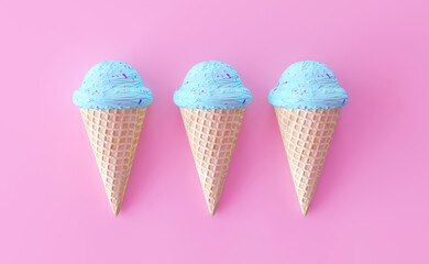 Ice cream in a waffle cone with a taste of blue sky or bubble gum. Top view, a delicious pattern of three ice creams in a row. Isolated on a pink background, minimal concept. 3d render illustration.