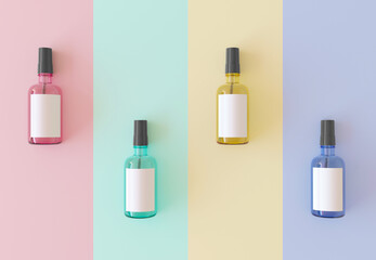 Cosmetic glass bottles on pastel stripes table template for package design, top view. Perfume spray...