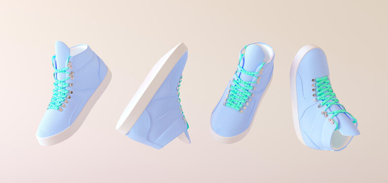 Flying fashionable pastel blue sport sneakers with colored laces isolated on beige background. Trendy boots shoes. Horizontal banner. Creative minimal fashion shoes background. 3d render illustration.
