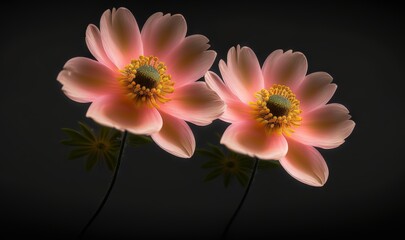  two pink flowers with yellow center on a black background with a reflection of the petals on the back of the flower head and the center of the flower.  generative ai