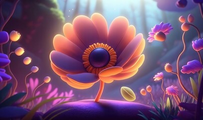  a flower with a purple center surrounded by purple and yellow flowers and grass, with a bright sunbeam in the background and a blue sky.  generative ai