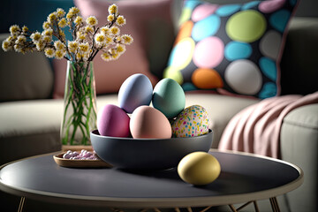 Colorful easter eggs in bowl on table in living room interior. Generative ai