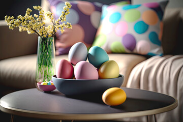 Clous of colorful easter eggs in bowl on table in cozy living room interior. Generative ai