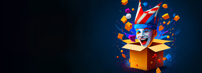 Jack in the Box with confetti, jester hat. April fool day concept with box surprise. Banner 3D illustration with a copy of the place for the text