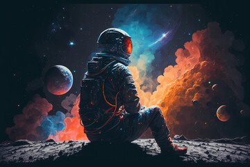 The astronaut on the planet admires the space landscape. AI generation
