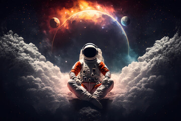 Astronaut meditating in space. AI generation