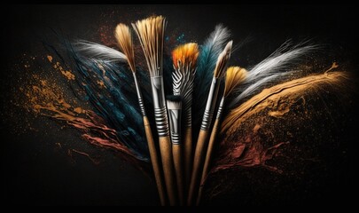  a group of brushes sitting on top of a pile of feathers on top of a black background with a splash of paint on the top of the brushes.  generative ai
