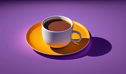 Obraz na płótnie Canvas a cup of coffee sitting on top of a yellow saucer on a purple plate on a purple surface with a shadow of a cup of coffee. generative ai