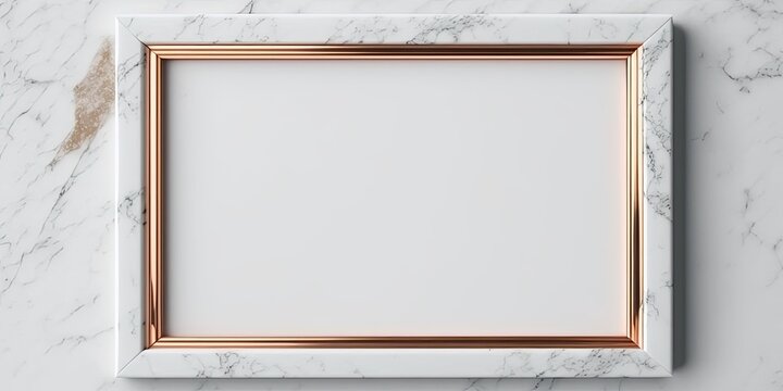 Picture frame mockup for paintings, mirror or photo on marble background with a touch of rose gold created with generative AI technology