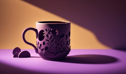 Obraz na płótnie Canvas a purple coffee cup sitting on top of a table next to a pair of heart - shaped candies on a purple tablecloth covered surface. generative ai