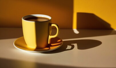  a cup of coffee sitting on top of a saucer next to a shadow of a yellow wall and a yellow wall behind it on a table.  generative ai