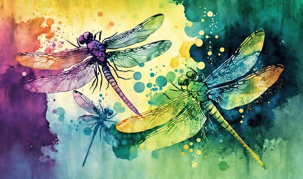  a painting of three dragonflies on a colorful background with watercolor spots and spots on the bottom of the image is a splash of paint.  generative ai
