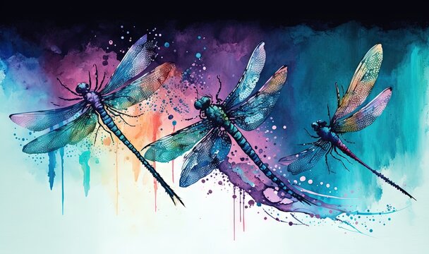  a painting of three dragonflies on a blue, purple, and green background with splots of paint on the bottom of the image.  generative ai