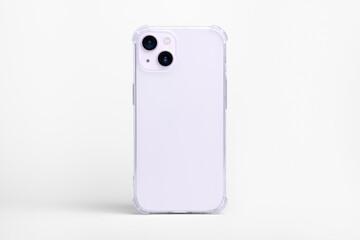 purple iPhone 14 in clear transparent soft silicone case back view. Phone case mockup isolated on gray background