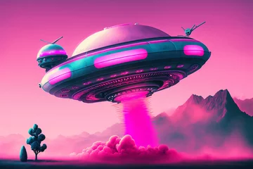 Gordijnen Roze UFO Spaceship Flying Saucer Alien Beaming to Earth Landscape Smoke Clouds Space Vaporwave Pink Generative AI  © Kelly Cree