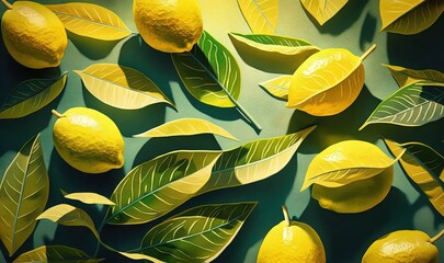  a painting of lemons and leaves on a green background with a yellow background and a green background with a yellow background and a yellow background.  generative ai