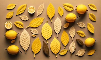  a group of yellow leaves and lemons on a brown background with a brown background and a brown background with a brown background and a few yellow lemons.  generative ai