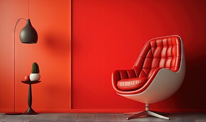  a red room with a chair, lamp and a lamp on the floor and a lamp on the wall in the corner of the room.  generative ai