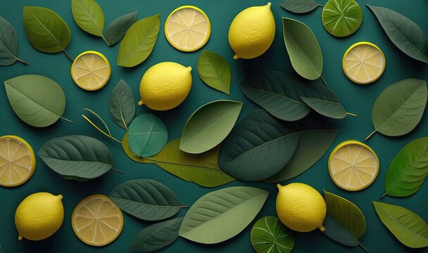  a group of lemons and leaves on a green surface with leaves and leaves around them on a blue background with a green surface with a few yellow lemons and green leaves. generative ai © Nadia