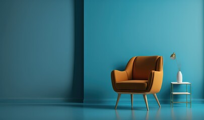  a chair and a table in a room with a blue wall and a lamp on a table next to it and a blue wall behind it.  generative ai