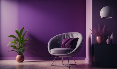  a chair and a potted plant in a room with a purple wall and a purple chair with a purple pillow on the back of the chair.  generative ai