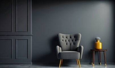  a chair and a table in a room with a gray wall and a yellow vase on a table in front of a gray chair and a gray wall.  generative ai