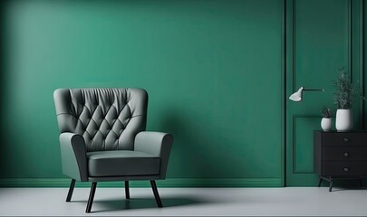  a chair in a room with a green wall and a black dresser with a potted plant on it and a lamp on the side of the room.  generative ai